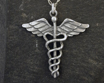 Sterling Silver Staff of Hermes, Caduceus Pendant on a Sterling Silver Chain