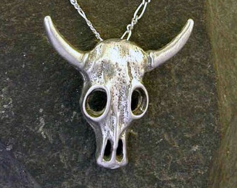 Sterling Silver Southwest Steer Skull Pendant on a Sterling Silver Chain