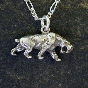 Sterling Silver Smilodon Saber Tooth Tiger Pendant on a Sterling Silver Chain.