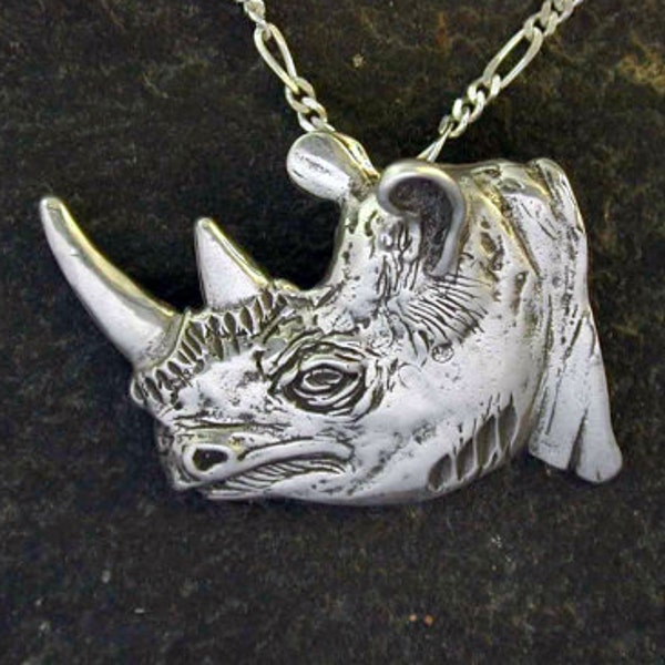 Sterling Silver Rhinoceros Head Pendant on a Sterling Silver Chain.