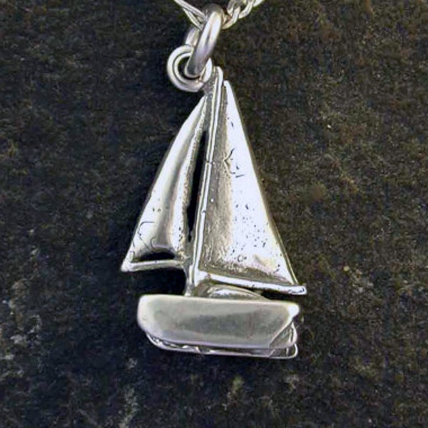 Sterling Silver Hobie Cat Sloop Sailboat Pendant on a Sterling Silver Chain.