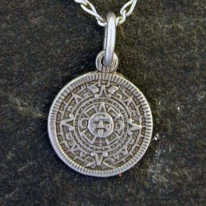 Sterling Silver Aztec Calendar Stone Pendant on a Sterling Silver Chain