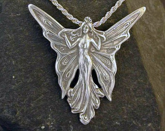 Sterling Silver Large Art Neuvoux Butterfly Fairy Pendant on a Sterling Silver Chain