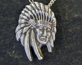 Sterling Silver Indian Chief Pendant on Sterling Silver Chain.