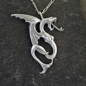 May include: A silver dragon pendant necklace with a detailed design. The dragon is curled up with its wings spread out. The necklace is on a silver chain.