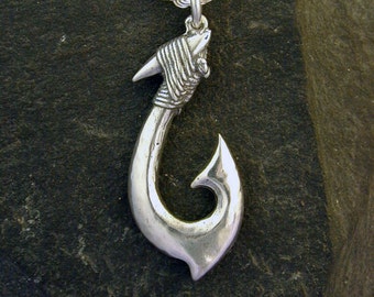 Sterling Silver Large Hawaiian Fish Hook Pendant on a Sterling Silver Chain