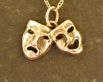 14K Gold Comedy Tragedy Happy Sad Pendant on a 14K Gold Chain