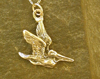 14K Gold Flying Pelican Pendant on a 14K Gold Chain