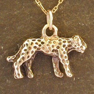 Puede incluir: Un collar de cadena de oro con un colgante de guepardo detallado. El guepardo está representado en una pose de caminar con un patrón de manchas.