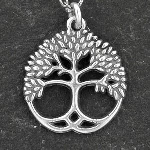 May include: A silver-colored pendant necklace featuring a tree of life design. The pendant is circular with a detailed tree motif, suspended from a delicate chain. The necklace is displayed against a dark, textured background.