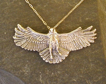 14K Gold Large Hawk Pendant with a 14K Gold Chain