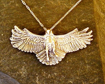 14K Gold Large Hawk Pendant with a 14K Gold Chain