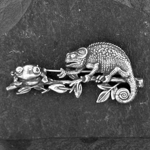 Sterling Silver Chameleon and Frog Brooch image 1