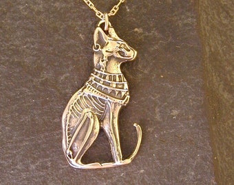 14K Gold Egyptian Cat Bast Goddess Pendant on a 14K Gold Chain