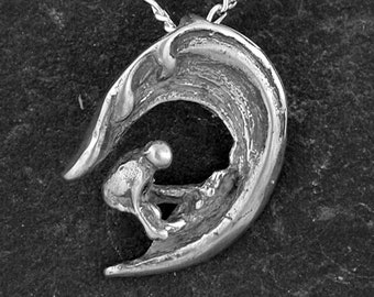 Sterling Silver Original Surfer Wave Curl Pendant on a Sterling Silver Chain.