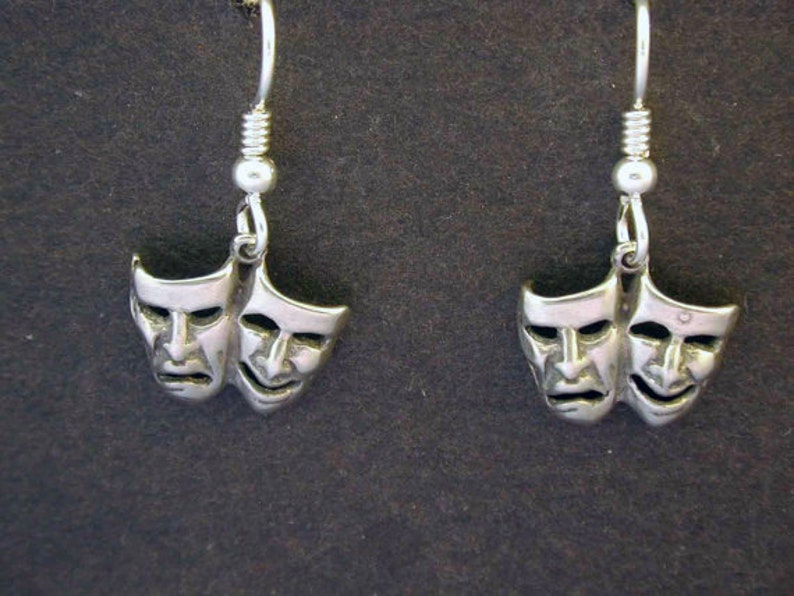 Sterling Silver Happy Sad Comedy Tragedy Earrings on Heavy Sterling Silver French Wires image 1