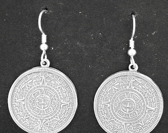 Sterling Silver Aztec Calendar Stone Earrings on Heavy Sterling Silver French Wires