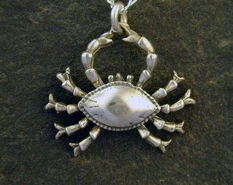 May include: A silver crab pendant necklace with a detailed design. The crab is depicted with its claws raised and its body is slightly curved. The necklace is made of a silver chain.