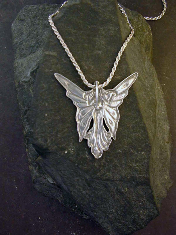 Sterling Silver Large Art Neuvoux Butterfly Fairy Pendant on