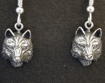Sterling Silver Wolf Head Earrings on Heavy Sterling Silver French Wires