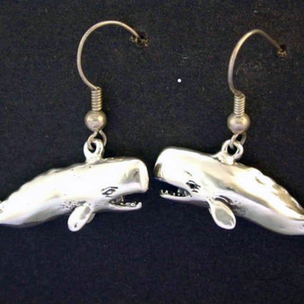 Sterling Silver Large Sperm Whale Earrings on Sterling Silver French Wires.