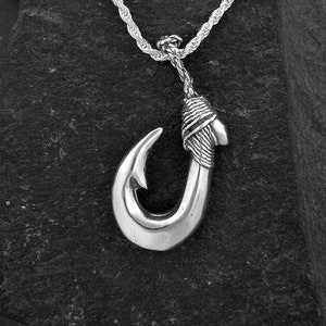 Sterling Silver Large Hawaiian Fish Hook Pendant on a Sterling Silver Chain