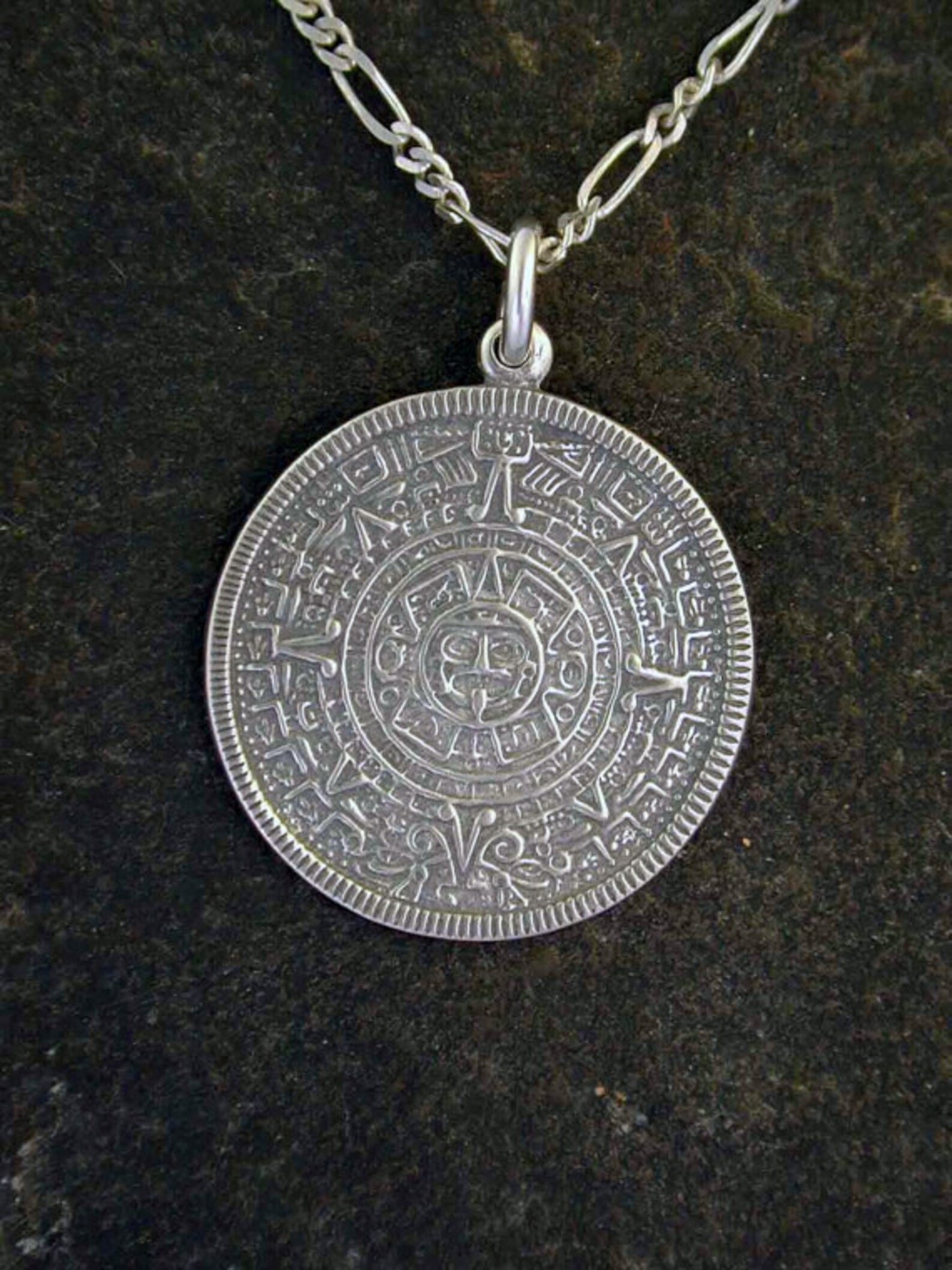 Aztec Calendar Coin Pendant Sterling Silver Chain