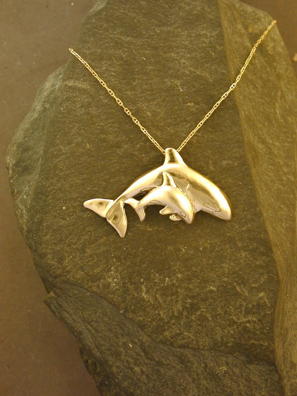 14K Gold Orca and Calf Pendant on a 14K Gold Chain