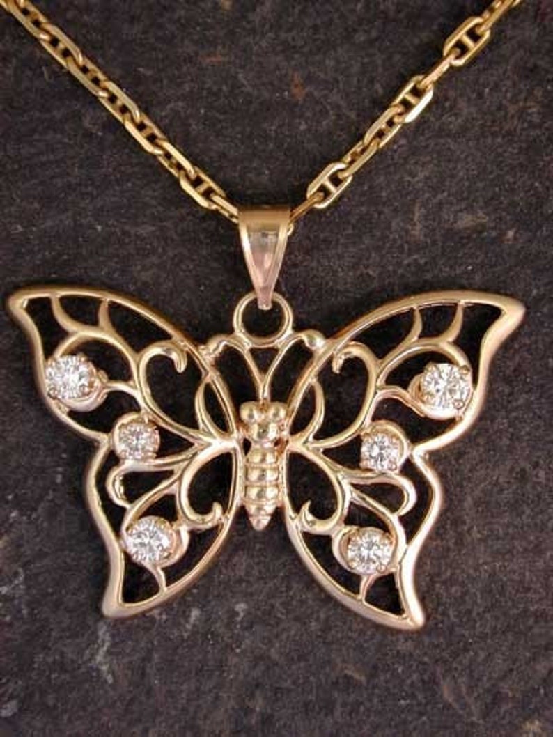 Diamonds and 14K Gold Butterfly Pendant on a 14K Gold Chain image 1