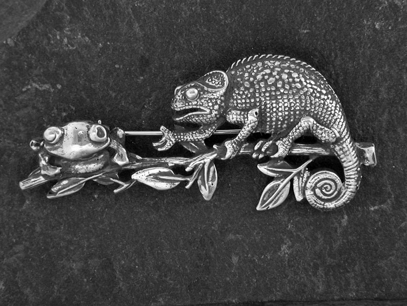 Sterling Silver Chameleon and Frog Brooch image 3