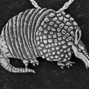 May include: A silver pendant in the shape of an armadillo. The armadillo is detailed with textured scales and a textured shell.