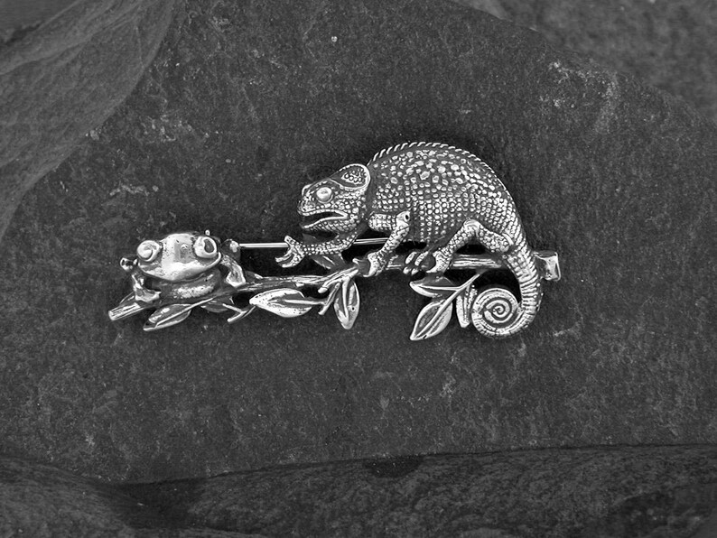 Sterling Silver Chameleon and Frog Brooch image 2