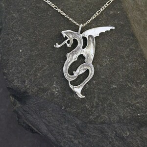 May include: A silver dragon pendant necklace with a detailed design. The dragon is curled up with its wings spread out. The necklace is on a silver chain.