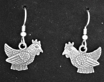 Sterling Silver Hen Chicken Earrings on Heavy Sterling Silver French Wires