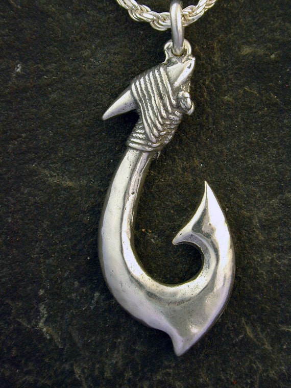 Sterling Silver Large Hawaiian Fish Hook Pendant on a Sterling Silver Chain