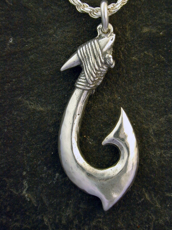 Sterling Silver Large Hawaiian Fish Hook Pendant on a Sterling Silver Chain  -  Israel
