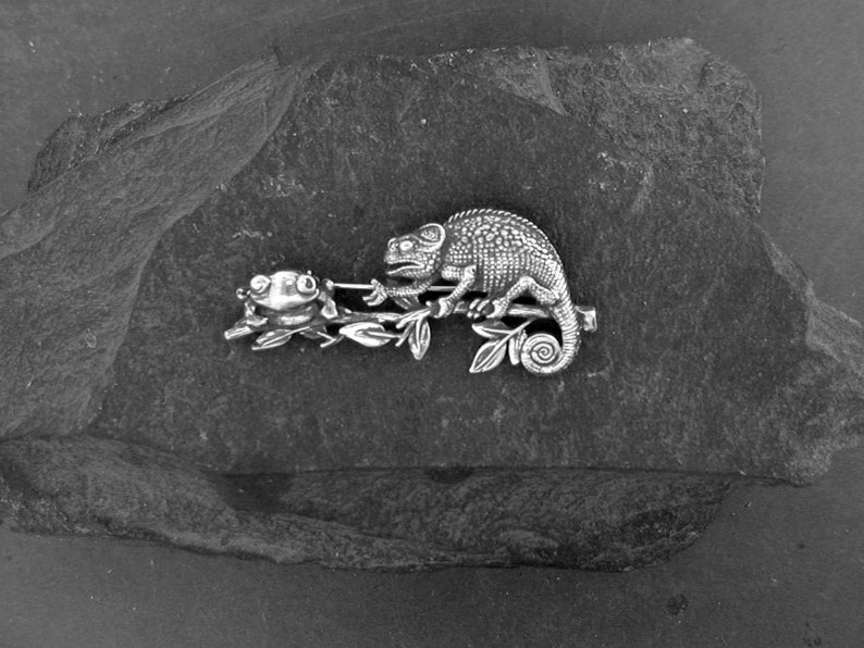 Sterling Silver Chameleon and Frog Brooch image 1