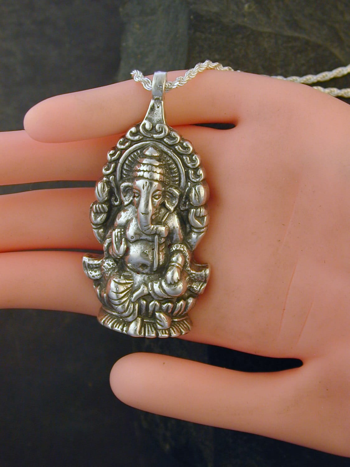 Sterling Silver Ganesha Necklace, Hindu Elephant God Pendant