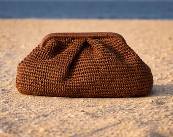 Borsa a mano in rafia marrone, borsa estiva minimalista, regalo per lei