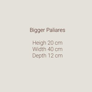 Pu&ograve; includere: Testo su sfondo beige chiaro: "Bigger Paliares". Sotto, le dimensioni: Altezza 20 cm, Larghezza 40 cm, Profondit&agrave; 12 cm.
