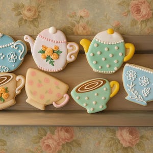 May include: A collection of intricately decorated tea party cookies, including teapots and teacups, arranged on a silver tray. The cookies feature pastel colors like blue, pink, and yellow, with floral and polka dot designs. The tray is set against a floral background.
