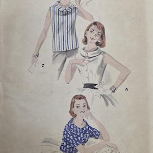 May include: A vintage sewing pattern illustration featuring three garment styles. Style C is a sleeveless blue and white striped top. Style A is a sleeveless white blouse with a collar and dark waistband. Style B is a blue top with a white pattern.