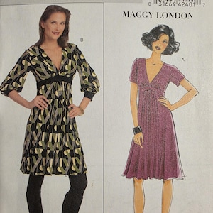 May include: Butterick sewing pattern B5242 for Maggy London dresses. View B features a black, olive green, and cream geometric print with three-quarter sleeves. View A is a solid purple dress with short sleeves. Both feature V-necklines.