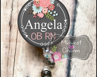 gray/floral ... Retractable Badge holder..nurse gift..id clip...graduation gift