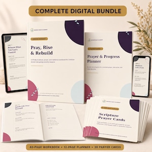 Könnte beinhalten: Ein komplettes digitales Set mit einem 40-seitigen Arbeitsbuch namens Pray, Rise & Rebuild, einem 12-seitigen Prayer & Progress Planner und 30 Gebetskarten. Ein Tablet und ein Smartphone zeigen digitale Seiten mit Text an.