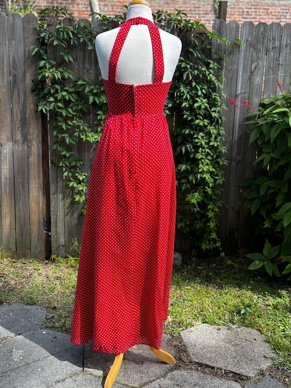 1970s VTG Ruby Red & White polka dot halter maxi … - image 3