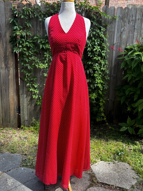 1970s VTG Ruby Red & White polka dot halter maxi … - image 2