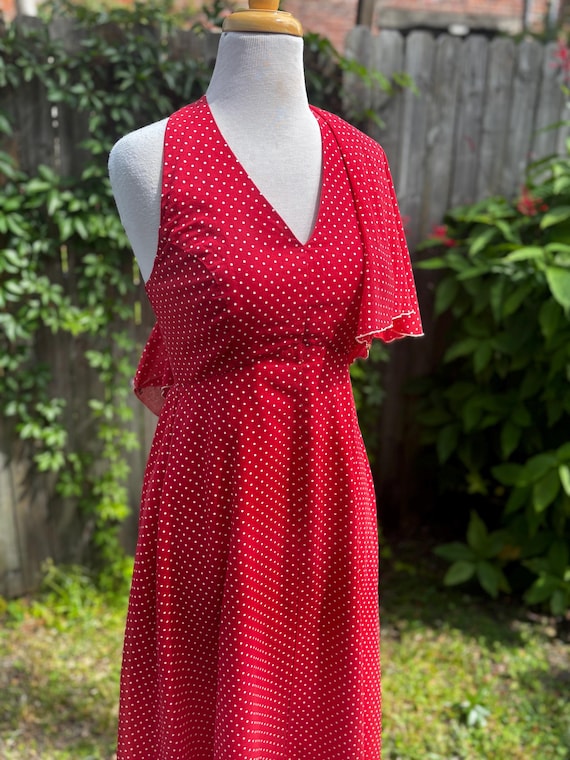 1970s VTG Ruby Red & White polka dot halter maxi … - image 5