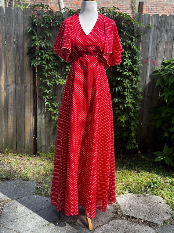 1970s VTG Ruby Red & White polka dot halter maxi … - image 1
