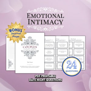 Może przedstawiać: Plik PDF do wydruku zatytułowany "Intymność emocjonalna" z napisem "Pary" i "Zaufanie" na okładce. Obraz zawiera dodatkową stronę dziennika i stronę z 24 pytaniami. Tekst brzmi "Pytania na wieczór we dwoje" na miękkim fioletowym tle.